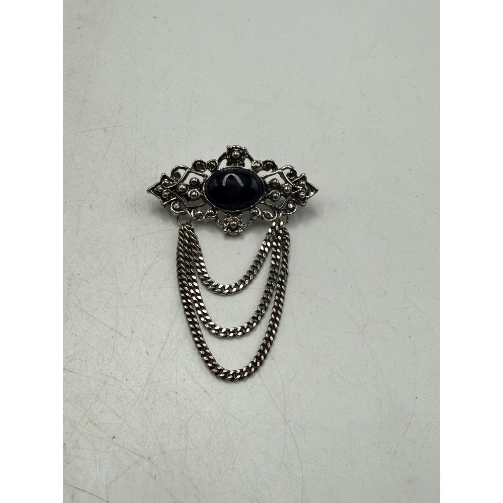 Vintage Silver Tone Black Cabochon Filigree Brooch with Triple Draped Chains